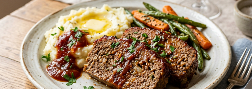 Two slices of meatloaf with gravy, mashed potatoes with butter and gravy, green beans and carrots on a ceramic plate